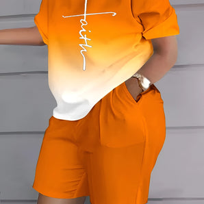 Women's 3XL orange two-piece summer shorts set featuring a casual and stylish streetwear design, with visible elements including the arms, legs, and shoulders of the model.