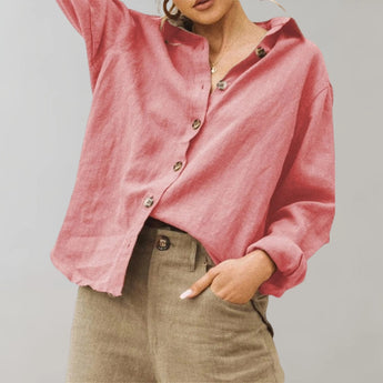 Oversized black linen blouse for women featuring a button-down front, hood, and long sleeves, modeled in a rose color and size 3XL.