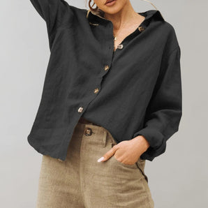 Oversized black linen blouse for women featuring a button-down design with a hood, long sleeves, and a relaxed fit, shown in a 3XL size.
