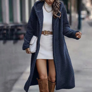 Women's Oversized Blue Teddy Coat in marine blue, warm faux sheepskin winter jacket, XL size, featuring long sleeves and a cozy texture.