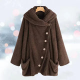 Women's oversized brown fleece coat, plush teddy jacket style with large pockets, featuring long sleeves and a cozy collar; shown in size 5XL with a soft, natural-textured fabric.