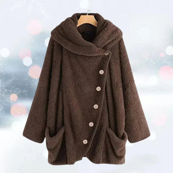Women's oversized brown fleece coat, plush teddy jacket style with large pockets, featuring long sleeves and a cozy collar; shown in size 5XL with a soft, natural-textured fabric.