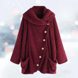 Women's oversized fleece coat in wine red, plush teddy texture with a large collar and long sleeves, featuring two pockets, size 5XL.