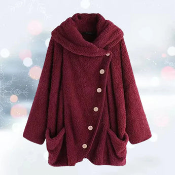 Women's oversized fleece coat in wine red, plush teddy texture with a large collar and long sleeves, featuring two pockets, size 5XL.