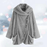 Women's oversized gray fleece coat in 5XL, featuring a plush teddy texture, full sleeves, and a cozy wrap style with a collar and pockets.