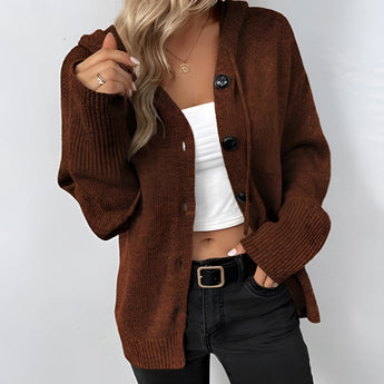 Women's Oversized Chunky Knit Cardigan in Forest Green, featuring a button-up design with a wool texture, shown in a Brown color, size XL, with a focus on the cozy long sleeves and stylish tartan pattern.