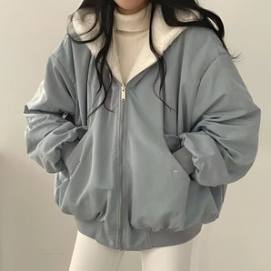 Women's Oversized Gray Bomber Jacket - Faux Shearling Lining