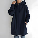 Women's oversized dark blue zip-up hoodie in size 5XL, featuring soft fabric, relaxed fit, long sleeves, and a collar, designed for comfort and casual style.