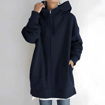 Women's oversized dark blue zip-up hoodie in size 5XL, featuring soft fabric, relaxed fit, long sleeves, and a collar, designed for comfort and casual style.