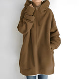 Women's oversized brown zip-up hoodie in 5XL, featuring a soft fabric and relaxed fit. The hoodie includes a hood, long sleeves, and a zipper closure, with a comfortable and casual design ideal for layering.