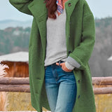 Oversized green wool winter coat for women featuring chunky buttons, long sleeves, and a large collar, styled for a 3XL fit.