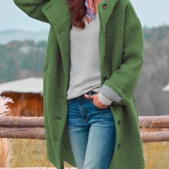Oversized green wool winter coat for women featuring chunky buttons, long sleeves, and a large collar, styled for a 3XL fit.