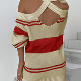 
A stylish women's oversized off-shoulder sweater featuring a red stripe pattern, perfect for autumn fashion. The sweater has long sleeves and a relaxed fit, accentuating the neckline and offering a comfortable and trendy look.