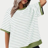 Women's oversized striped tee in green, featuring a casual loose fit with a round neck and short sleeves, suitable for a 2XL size.