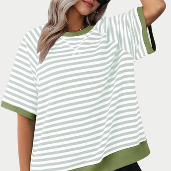 Women's oversized striped tee in green, featuring a casual loose fit with a round neck and short sleeves, suitable for a 2XL size.