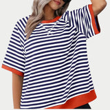 Women's oversized striped tee in blue and red, featuring a casual loose fit with short sleeves and a round neckline, displayed in size 2XL.