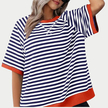 Women's oversized striped tee in blue and red, featuring a casual loose fit with short sleeves and a round neckline, displayed in size 2XL.