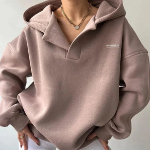 Oversized taupe hoodie for women featuring a velvety luxe fabric and casual pullover style, shown in a Pink Palisander color, size XL, with a relaxed fit and soft texture.