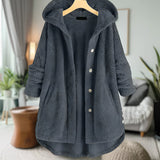 Oversized wool hooded sweater coat in gray blue displayed on a hanger, showcasing its cozy texture and long sleeves, designed for winter wear in a 5XL size.