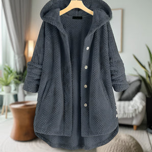 Oversized wool hooded sweater coat in gray blue displayed on a hanger, showcasing its cozy texture and long sleeves, designed for winter wear in a 5XL size.