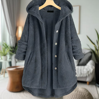 Oversized wool hooded sweater coat in gray blue displayed on a hanger, showcasing its cozy texture and long sleeves, designed for winter wear in a 5XL size.