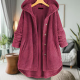 Women's pink oversized wool hooded sweater coat in 5XL, displayed on a mannequin with a focus on the collar and sleeve details; background includes a houseplant and curtains.