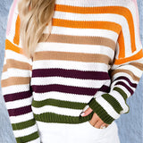 Women's pastel striped knit crew neck lightweight sweater in style 2 XL, featuring long sleeves and a comfortable fit, showcasing a fashion-forward design with white and pastel hues.