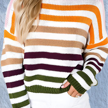 Women's pastel striped knit crew neck lightweight sweater in style 2 XL, featuring long sleeves and a comfortable fit, showcasing a fashion-forward design with white and pastel hues.