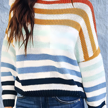 Women's pastel striped knit crew neck sweater in lightweight fabric, featuring long sleeves and a comfortable fit, displayed in size XL.