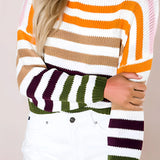 Women's pastel striped knit sweater with a crew neck, featuring a lightweight design and a pattern that extends from the collar to the waist.