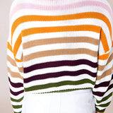 A women's lightweight sweater featuring pastel stripes in a knit design, with a crew neck and long sleeves.