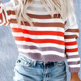 Women's pastel striped knit crew neck lightweight sweater in Style 1, size XL, displayed on a mannequin.