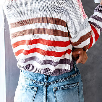 Women's pastel striped knit crew neck lightweight sweater with long sleeves and a soft, comfortable fit, showcasing a blend of soft pastel colors in a striped pattern.