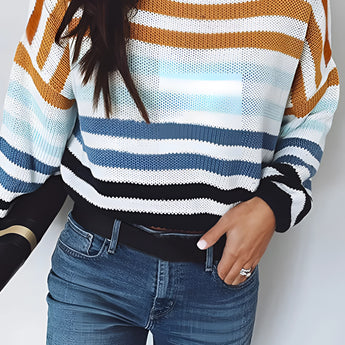 Women's lightweight sweater with pastel stripes, featuring a crew neck design. The sweater is knit, showcasing a fashion-forward style, and is ideal for layering as outerwear.