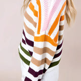 Women's pastel striped knit crew neck lightweight sweater with long sleeves, featuring a soft texture and a casual fashion design suitable for layering.