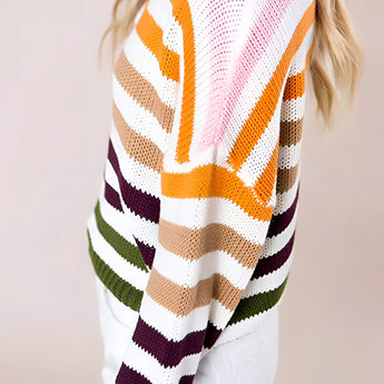Women's pastel striped knit crew neck lightweight sweater with long sleeves, featuring a soft texture and a casual fashion design suitable for layering.