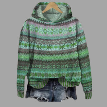 Women's patterned winter hoodie in a cozy alpaca blend featuring a boho style design in green. The hoodie is in a size 5XL and showcases intricate patterns with a mix of electric blue and magenta accents. The garment includes long sleeves and a round collar, made from woolen material.