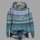 Women's blue patterned winter hoodie in a cozy alpaca blend with boho style design, featuring long sleeves and a comfortable collar.