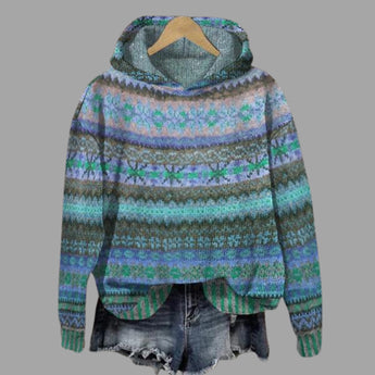 Women's blue patterned winter hoodie in a cozy alpaca blend with boho style design, featuring long sleeves and a comfortable collar.