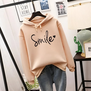 Women's Peach Smile Hoodie - Cozy Heart Design Pullover Sweatshirt