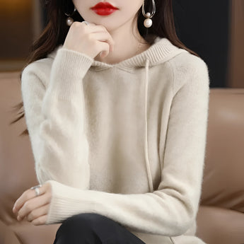 Women's beige hooded sweater in a soft knit fabric, featuring long sleeves and a cozy fit suitable for winter wear, displayed in size 2XL.
