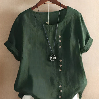 
A women's oversized casual blouse in dark green, featuring short sleeves and a comfortable fit, designed with a classic neck and collar style.