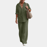 Women's olive green linen suit in XL, featuring a casual summer set with a button-down dress shirt and active pants.
