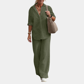 Women's olive green linen suit in XL, featuring a casual summer set with a button-down dress shirt and active pants.