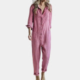 Women's pink oversized long sleeve linen shirt with a casual and breathable design, featuring a collar and button-up front. The color is a soft rose pink, suitable for a relaxed yet stylish look in size XL.
