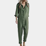 A woman wearing a green oversized long sleeve linen shirt, showcasing the breathable and casual design with a visible collar and relaxed fit suitable for an XL size.