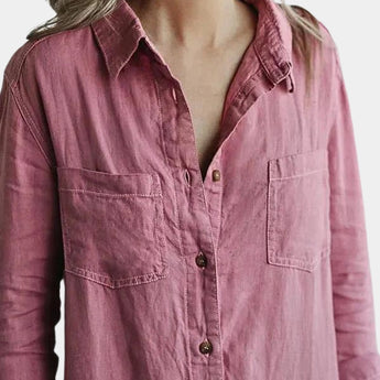 Women's pink oversized long sleeve linen shirt with a casual and breathable design, featuring a visible shoulder and collar, with a lightweight texture and a hint of magenta.