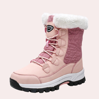 Women's pink quilted fur-lined waterproof winter boots in rose color, size 42, featuring durable outdoor design suitable for walking in cold and wet conditions.