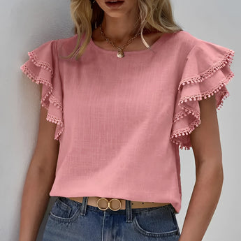 Women's pink ruffle sleeve blouse with tassels, featuring a chic design suitable for summer wear, displayed in size 2XL.