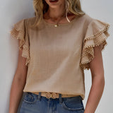 Women's pink ruffle sleeve blouse with tassels, featuring a fashionable design, short sleeves, and a comfortable fit, ideal for summer wear.